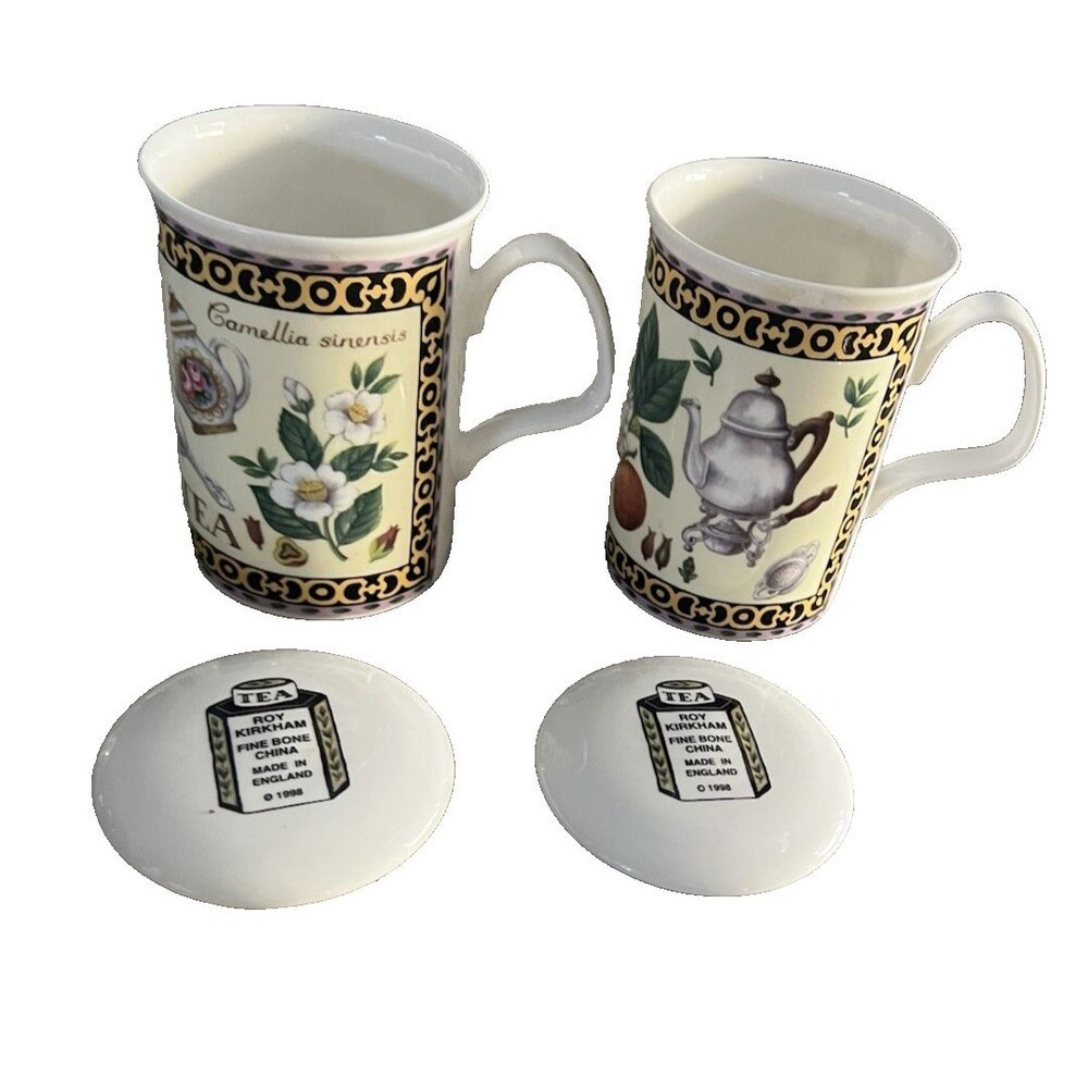 Roy Kirkham Fine Bone China Made In England 2 Floral Tea Coffee Cups with Lids